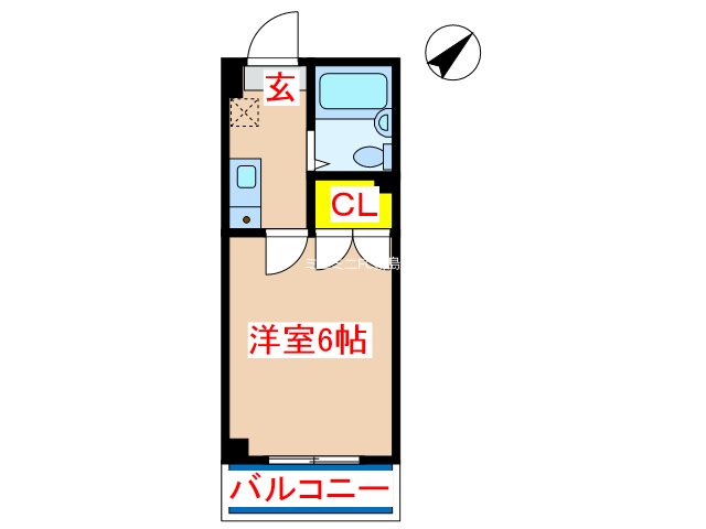 DESTINO 1Kタイプ間取り図 洋室6帖・クローゼット・バルコニー 霧島市隼人の賃貸アパート